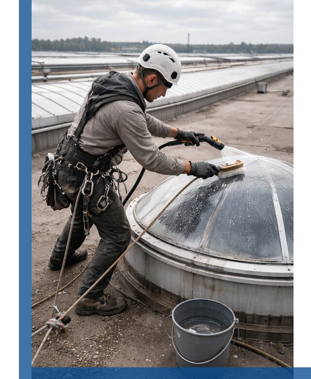 Мойка зенитных фонарей на кровле для промышленных объектов в Домодедове