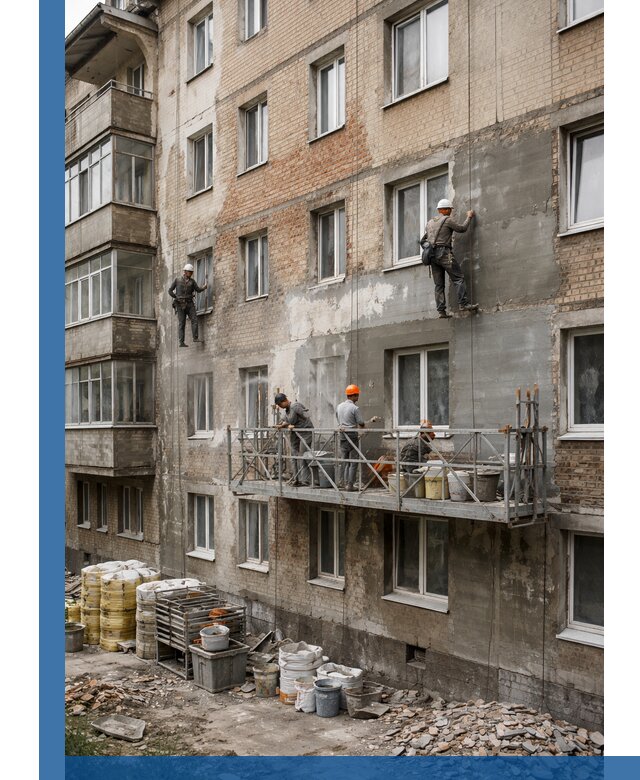 Капитальный ремонт фасада в Домодедове с восстановлением и гидроизоляцией