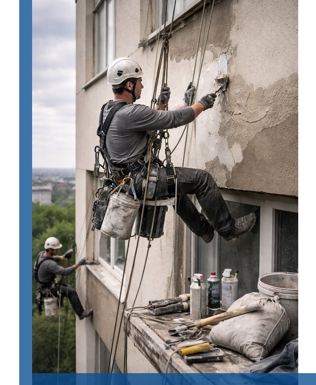 Косметический ремонт фасада зданий в Домодедове промышленными альпинистами