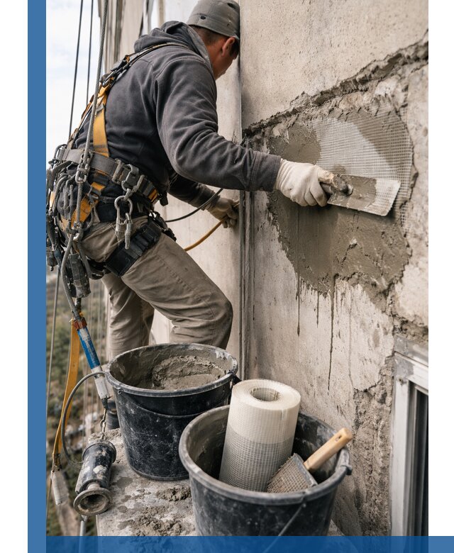 Ремонт бетонных элементов фасада промышленными альпинистами в Домодедове