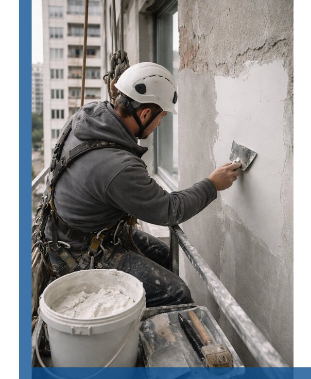 Шпаклевка фасадов на высоте с промальпинистами в Домодедове