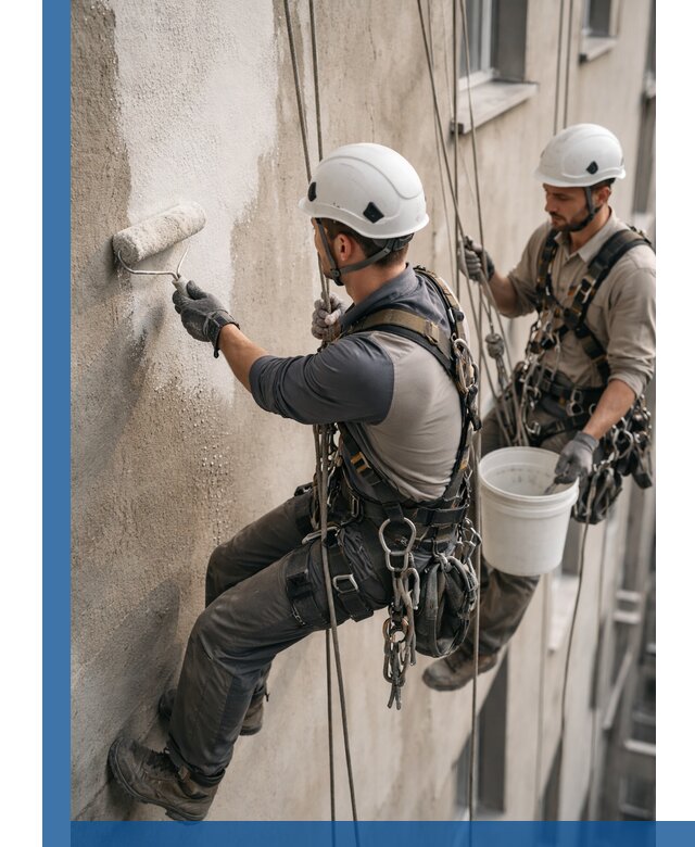 Грунтовка фасада на высоте в Домодедове промышленными альпинистами