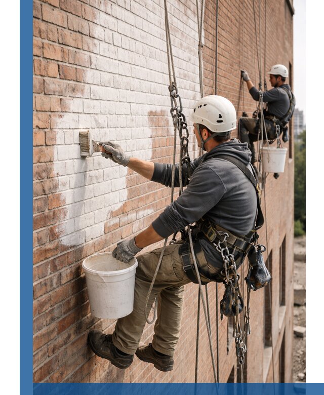 Покраска кирпичного фасада с доступным альпинистским сервисом в Домодедове