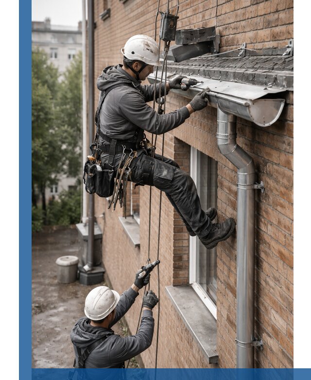 Монтаж водосточной системы на здании в Домодедове под ключ