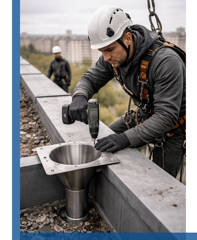 Монтаж водосточных воронок в Домодедове для промышленных зданий