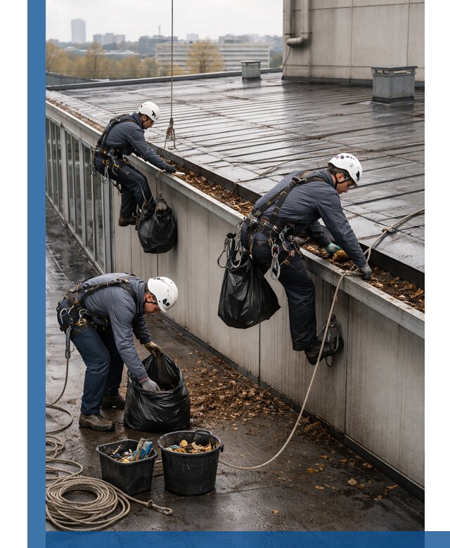 Очистка кровли по периметру в Домодедове силами промышленных альпинистов