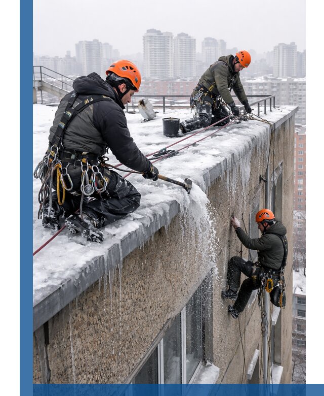 Удаление наледи с кровли в Домодедове промышленными альпинистами