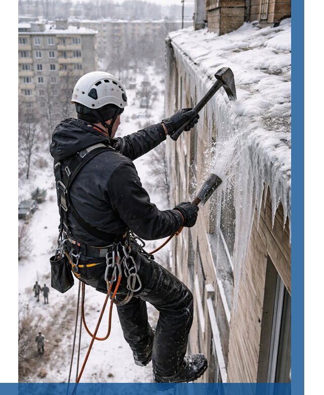 Сбивание сосулек с крыши в Домодедове по цене от 4737 р. | ВЫСОТНИК-Дмд