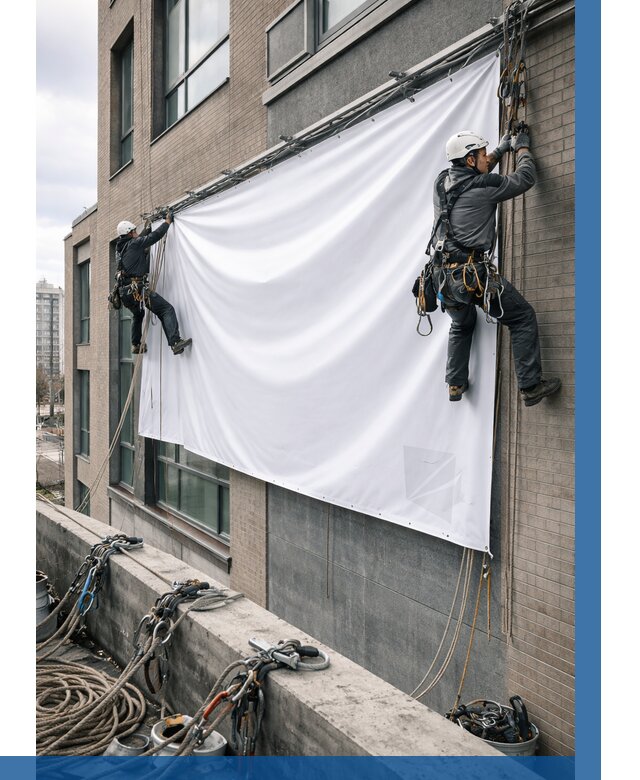 Монтаж баннеров на фасаде в Домодедове от 684 р. заказать ВЫСОТНИК-Дмд