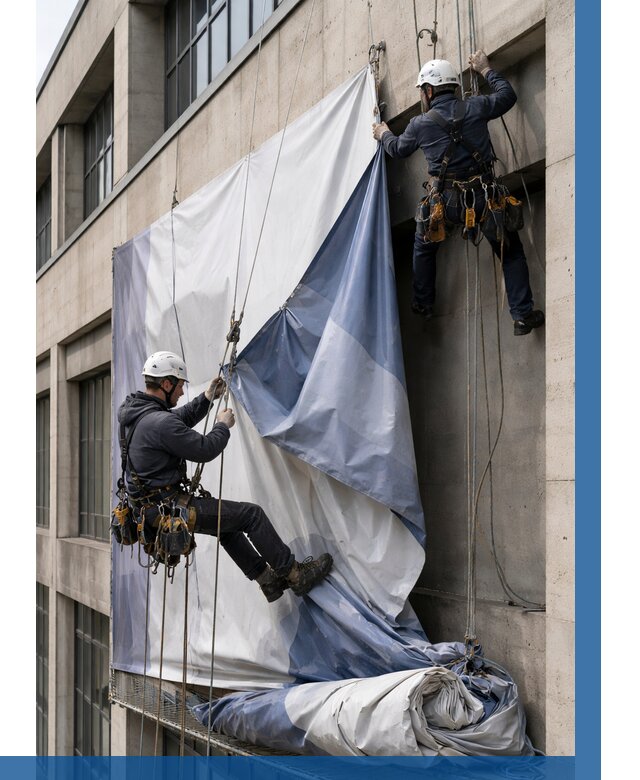 Демонтаж баннеров с фасада в Домодедове от 4737 р. | ВЫСОТНИК-Дмд