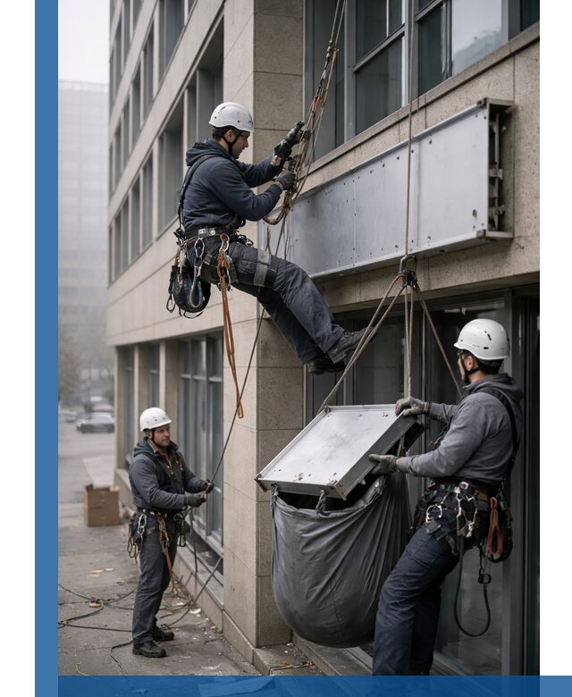 Демонтаж рекламной вывески с высотными работами в Домодедове