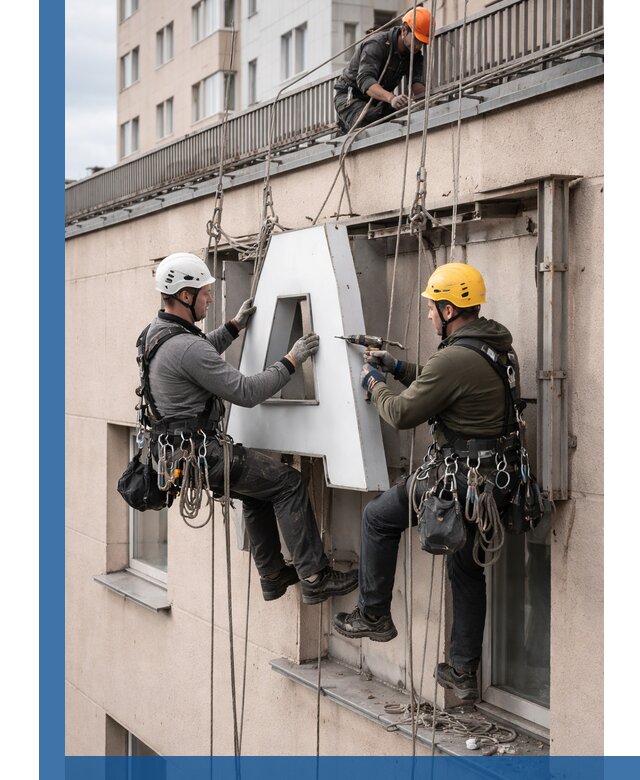 Ремонт и восстановление наружных вывесок на высоте в Домодедове