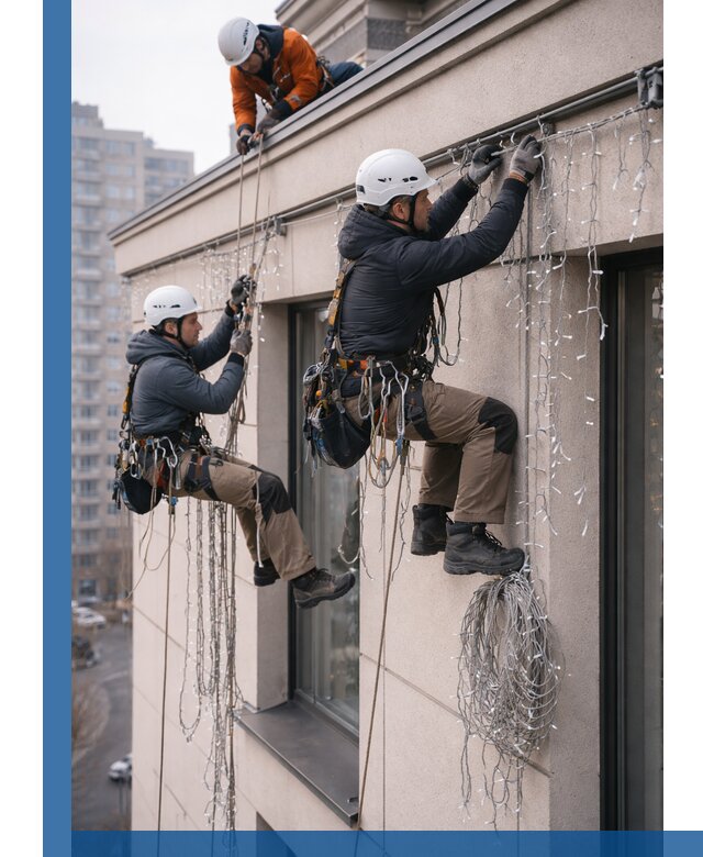 Монтаж праздничных гирлянд на фасаде в Домодедове для зданий