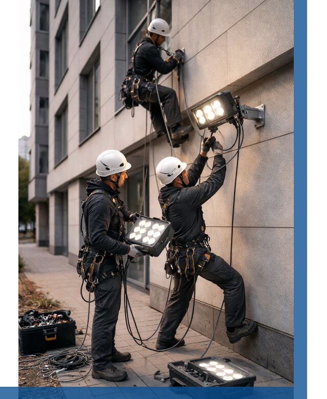 Монтаж прожекторов на фасаде в Домодедове от 7895 р. | ВЫСОТНИК-Дмд