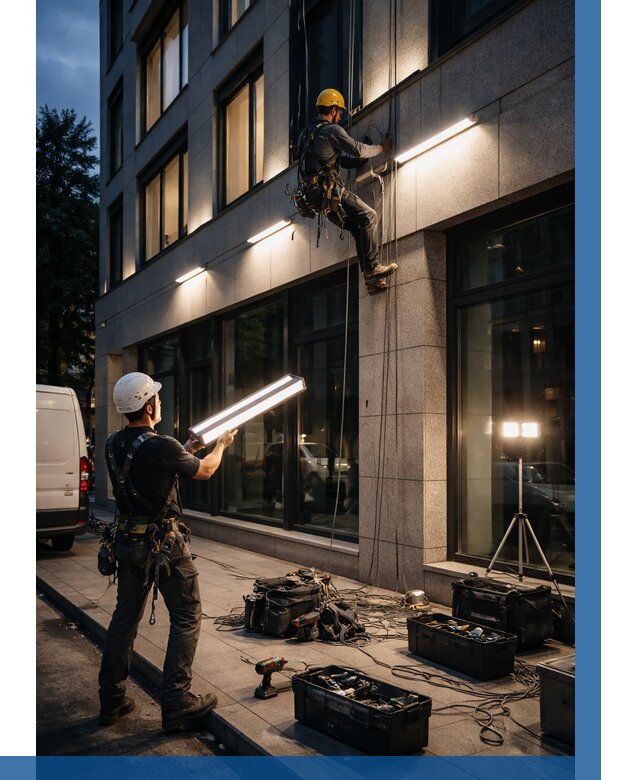 Монтаж архитектурной подсветки здания в Домодедове от 2632 р.|ВЫСОТНИК-Дмд