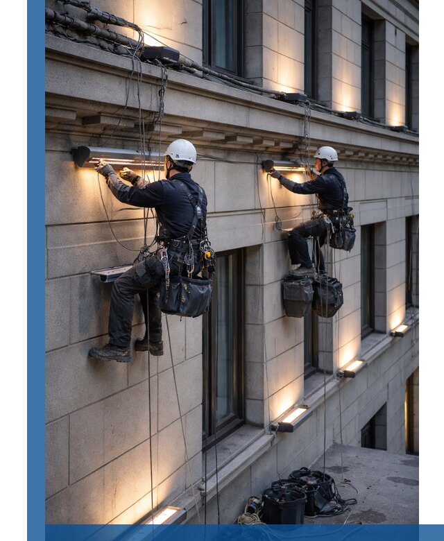 Монтаж архитектурной подсветки фасадов зданий в Домодедове