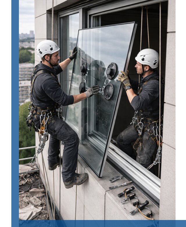 Замена стеклопакетов на высоте с промышленными альпинистами в Домодедове