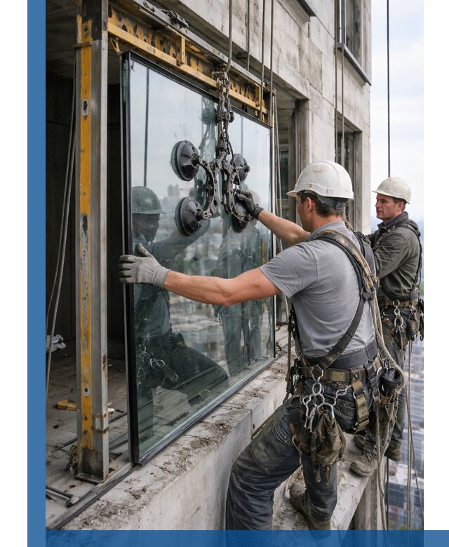 Монтаж стеклопакетов на высоте в Домодедове с промышленным альпинизмом