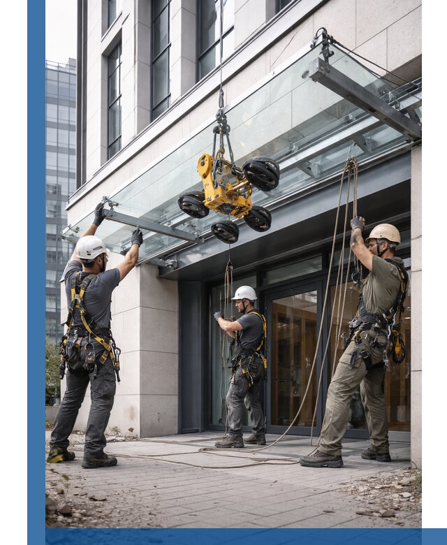 Монтаж стеклянных козырьков под ключ в Домодедове для зданий