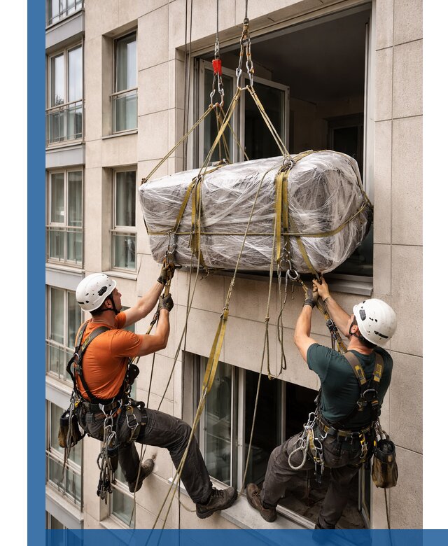 Подъем грузов через окно в Домодедове промышленными альпинистами