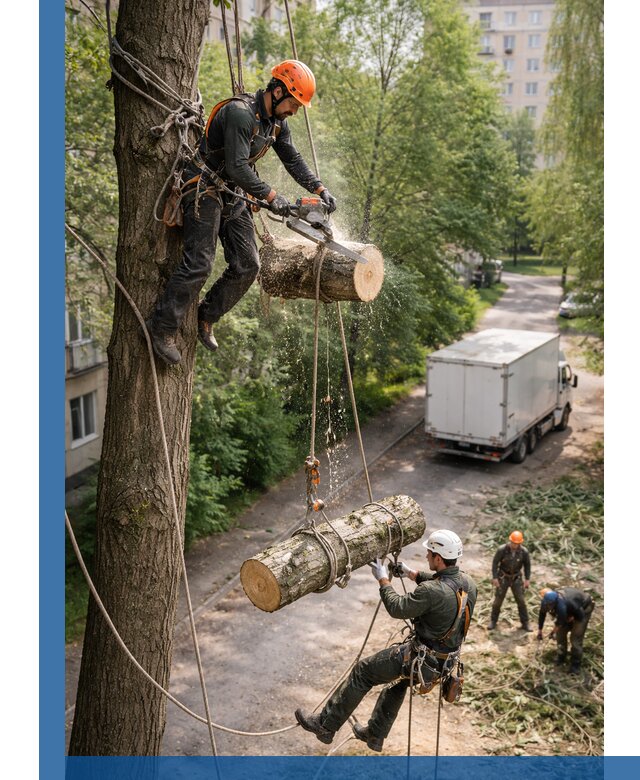 Спил деревьев альпинистами в Домодедове, безопасно и без повреждений