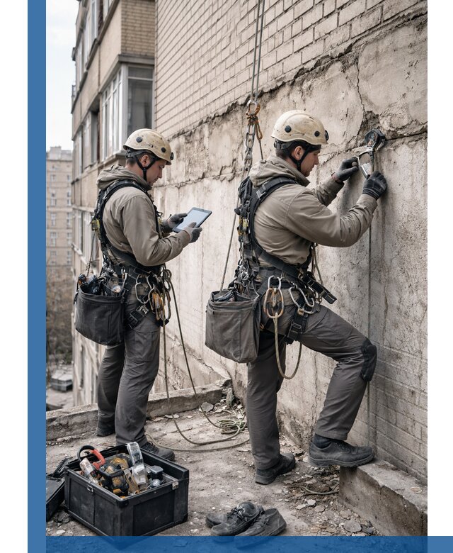 Обследование фасада промышленными альпинистами в Домодедове